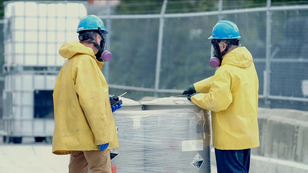 2 men in yellow jackets and blue hard hats stand by two large barrels